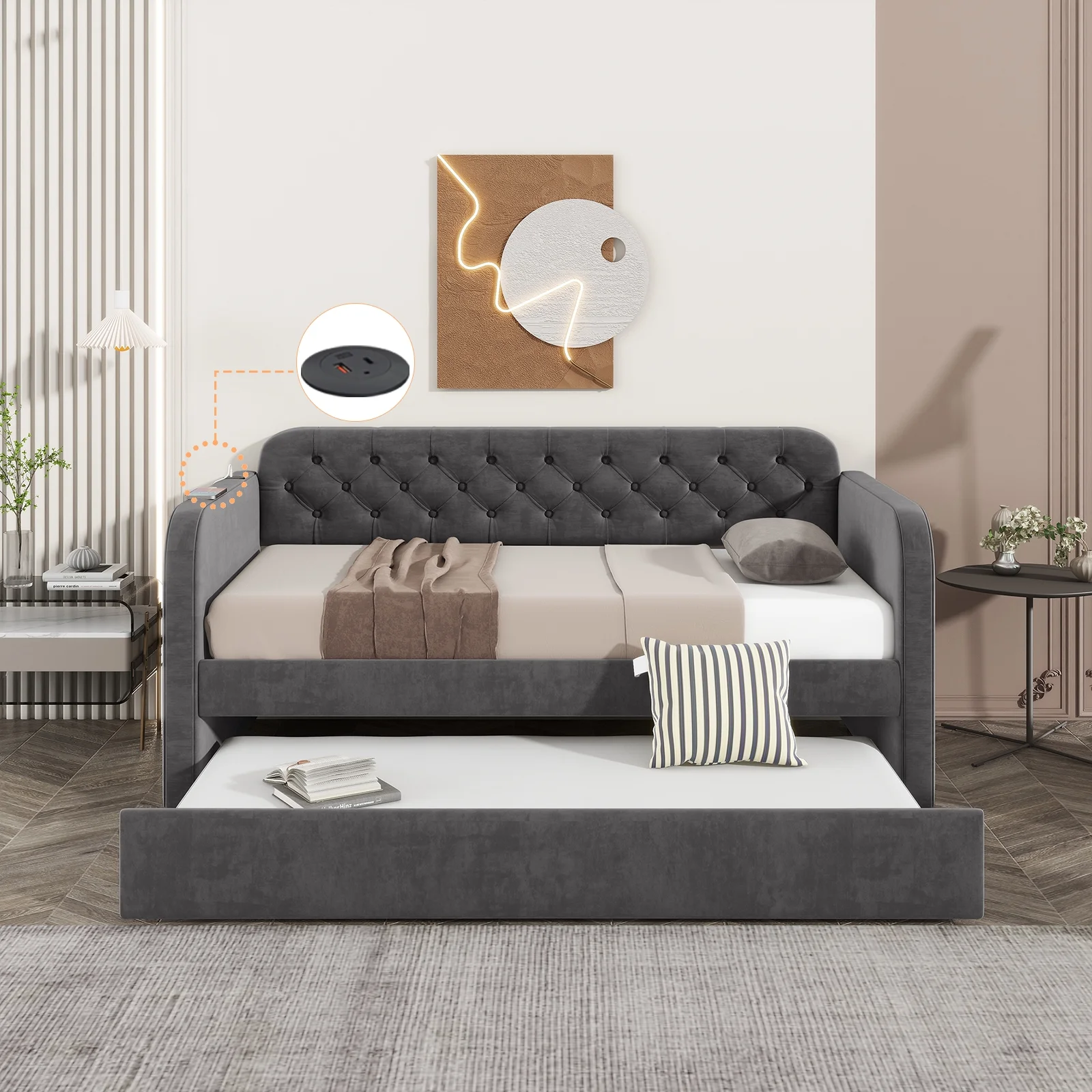 WII UWILL Twin Size Velvet Upholstered Daybed with Trundle,USB-C and Type-C