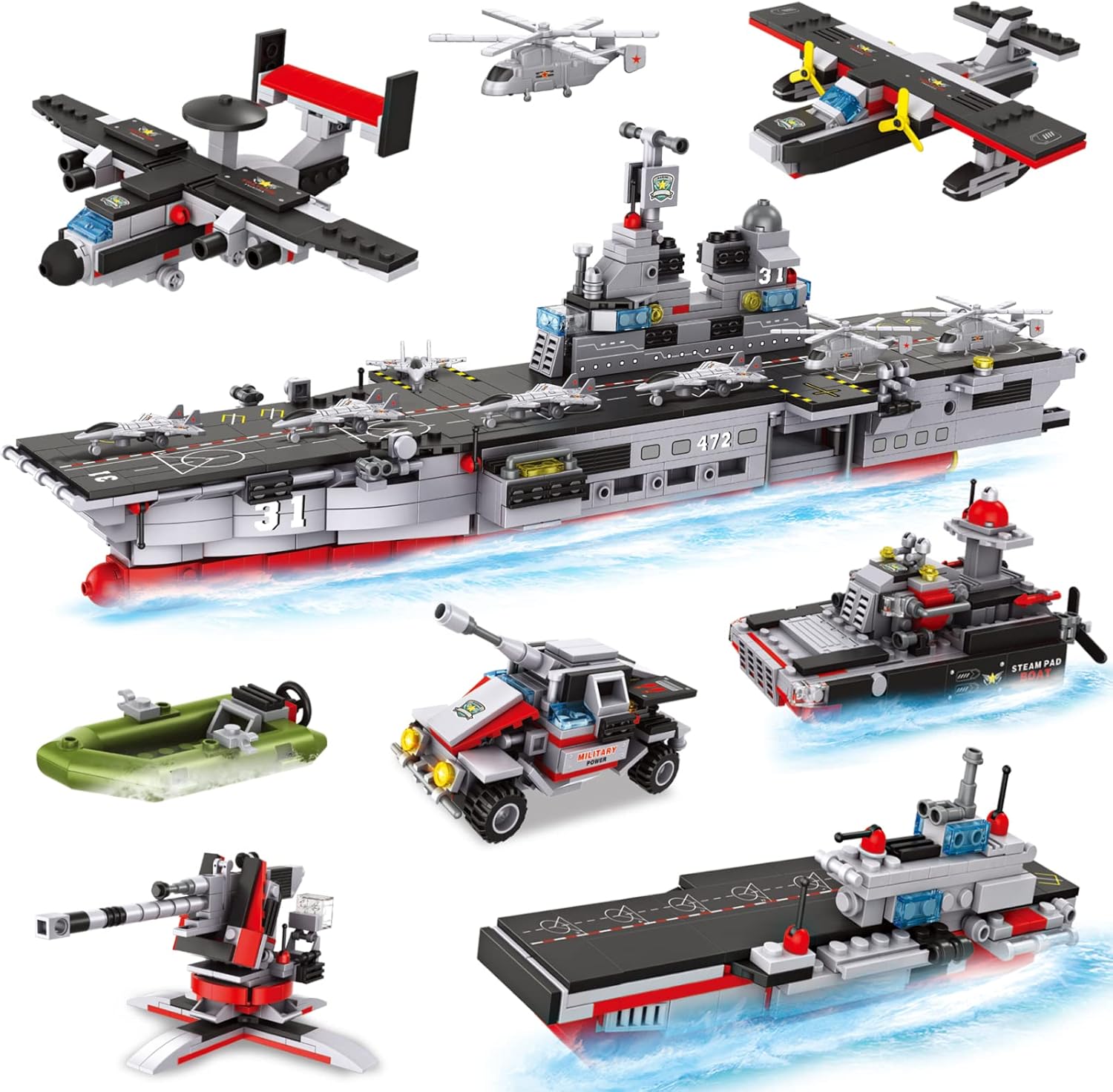 1161 Pieces Aircraft Carrier Building Blocks Set, 13 in 1 Military Battleship Model Building Toy Kit with Armored Tank, Fighter