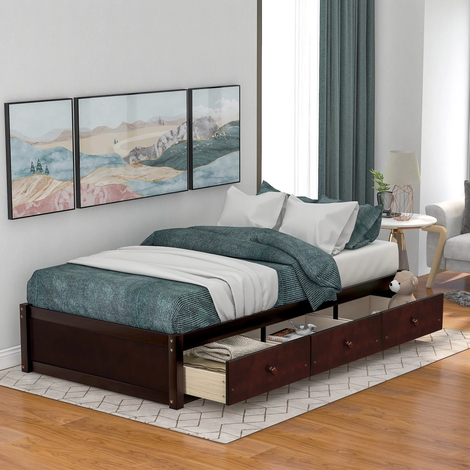 Nestfair Cherry Twin Size Platform Storage Bed with 3-Drawers