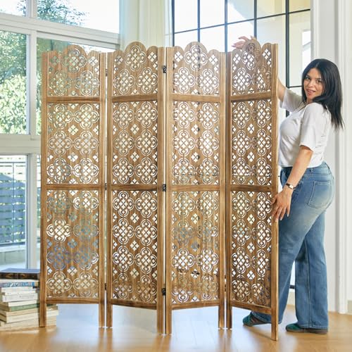 5.75Ft Room Divider Wood Carved Wall Divider Indoor Folding Portable Partition Screen for Home Office Garden Terrace - 4 Panel (Antique Brown)
