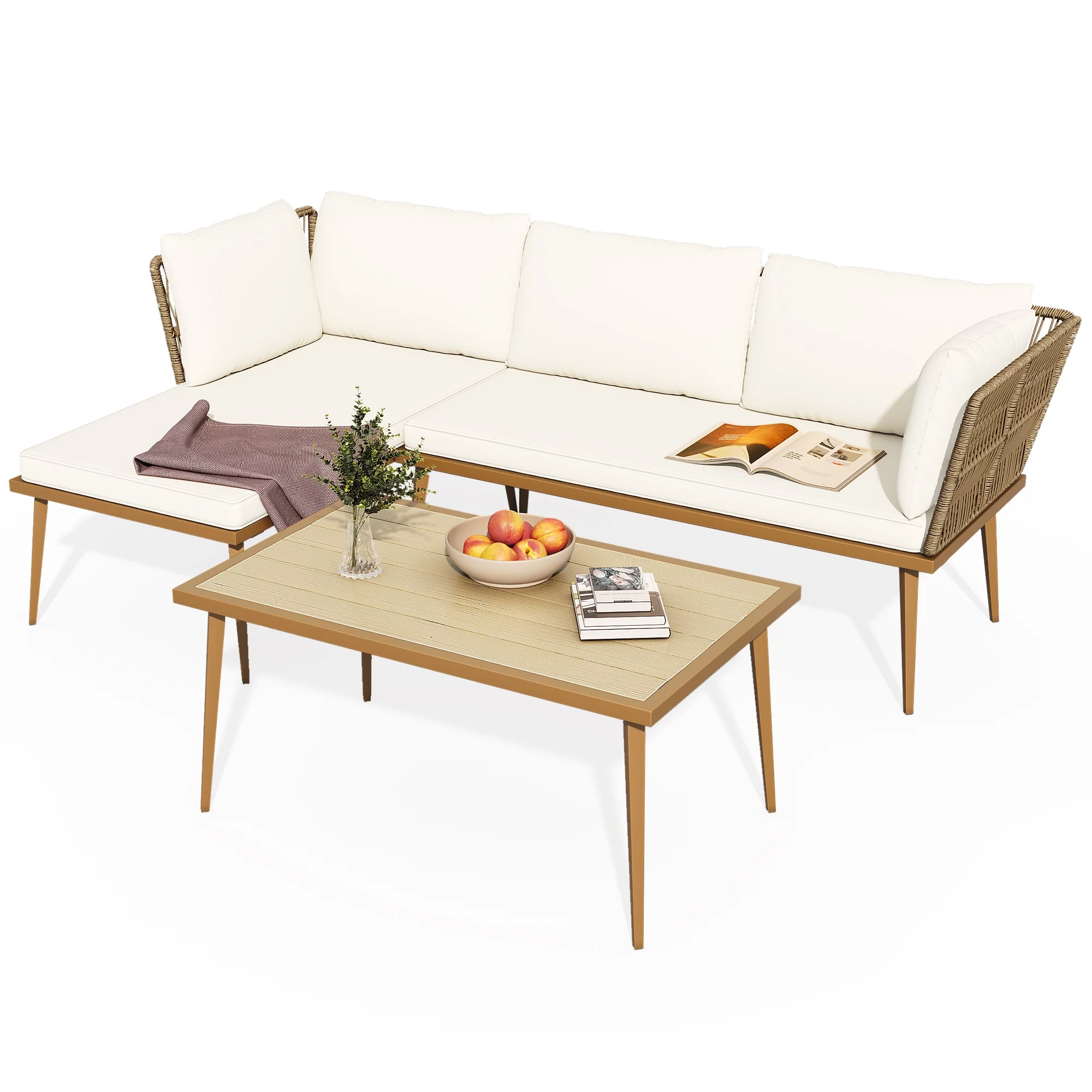 DWVO 3 Pieces Patio Furniture Set, Outdoor Rattan Woven Conversation Sectional L-Shaped Sofa with 5 Seater for Backyard, Porch