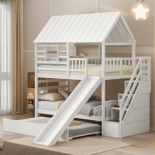 MERITLINE House Bunk Beds Twin Over Twin with Slide, Twin Bunk Bed with Storage Stairs and Trundle