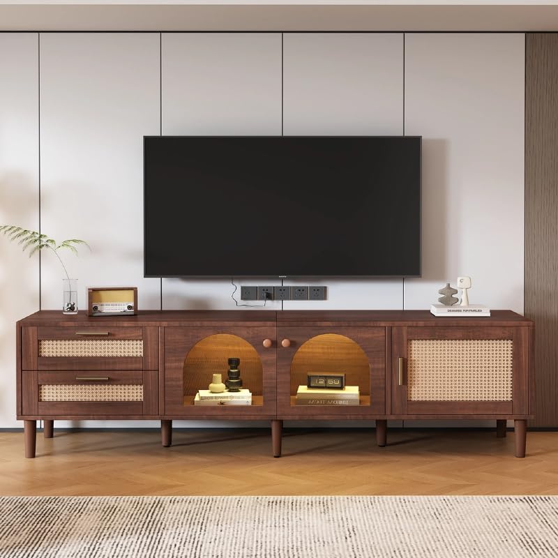 71'' LED TV Stand, Boho Entertainment Center with 3 Doors & 2 Drawers, Modern TV Console Table with Rattan Decor