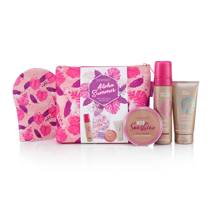 Sunkissed 28578 Aloha Summer Tanning Set Medium Mousse Small Hello Sunshine Bronzer Single Mitt Primer 150ml Bag 200ml 12g