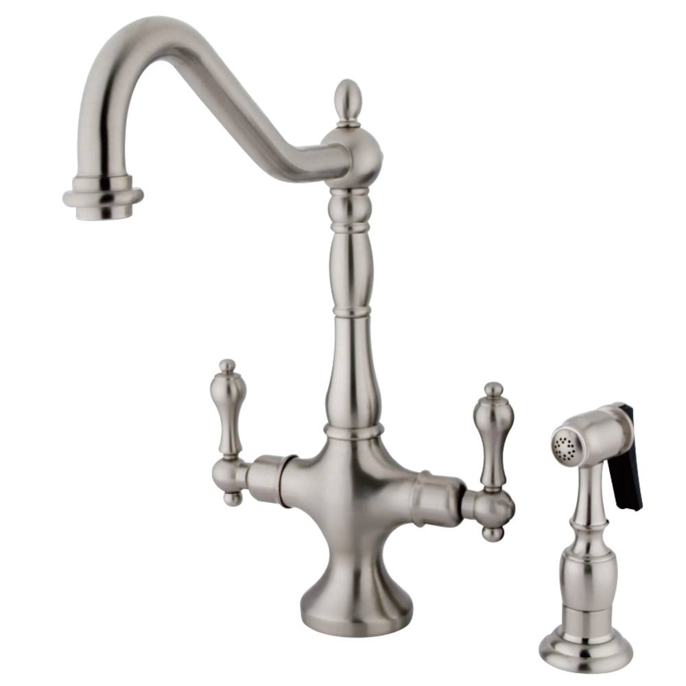 Kingston Brass KS1778ALBS Heritage Satin Nickel Double Handle Kitchen Faucet with Brass Sprayer