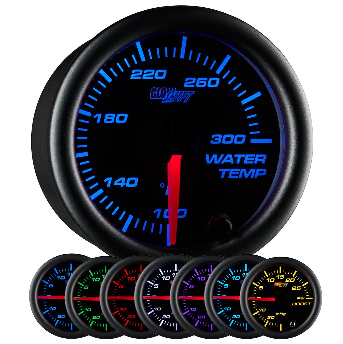 GlowShift Black 7 Color 300 F Water Coolant Temperature Gauge Kit - Includes Electronic Sensor - Black Dial - Clear Lens - for Car & Truck