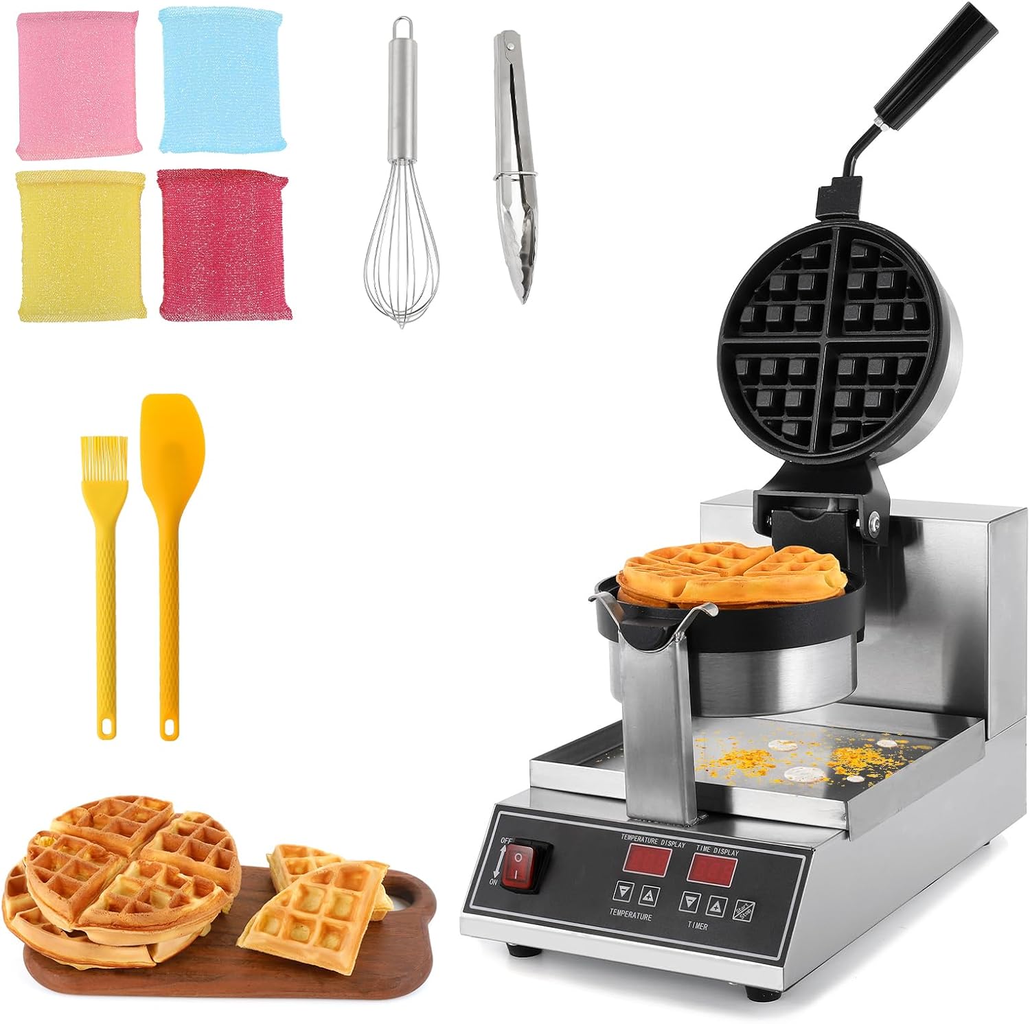 Dyna-Living Commercial Waffle Maker 110V 1200W Intelligent Belgian Waffle Maker Rotating 180° Round Waffle Maker Nonstick Flip Waffle Iron Machine