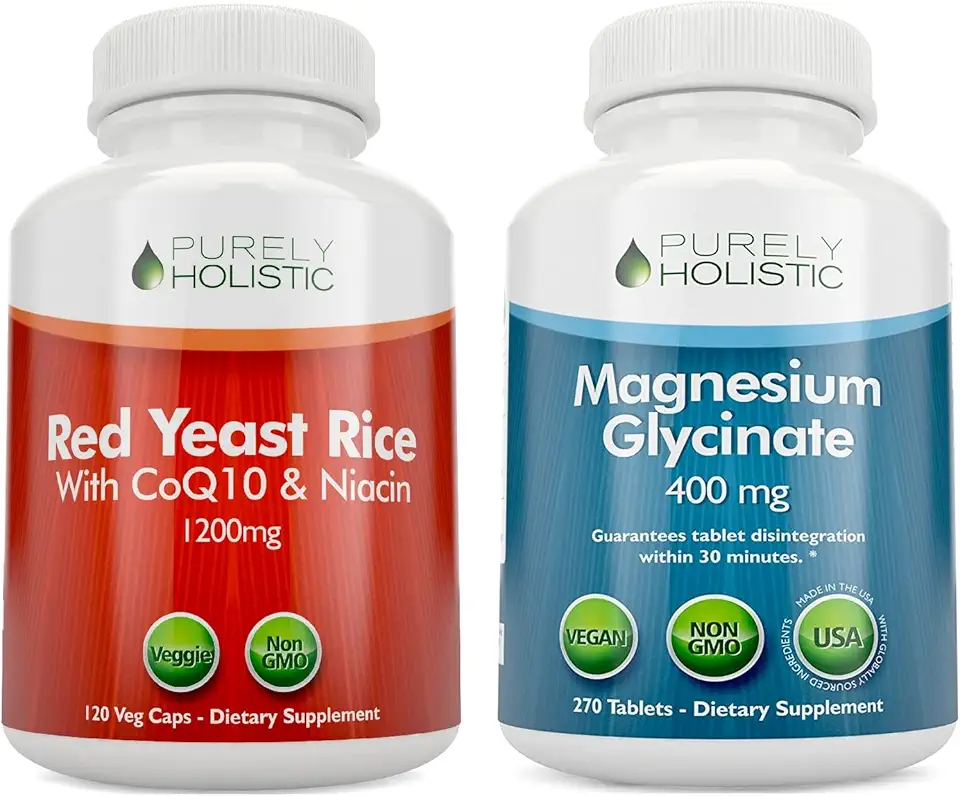 Purely Holistic Red Yeast Rice 1200mg with CoQ10 & Niacin + Magnesium Glycinate 400mg - 120 Capsules + 270 Tablets - Made in USA