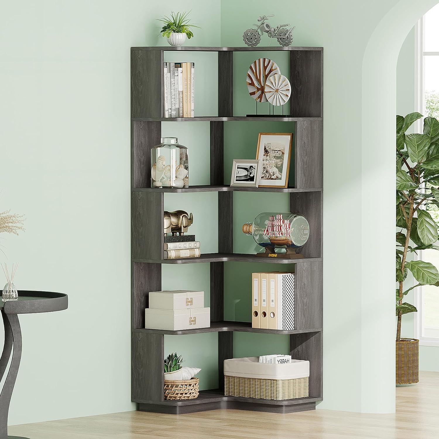 Tribesigns 6 Tier Corner Bookshelf, 64.9" Tall Industrial Bookcase with Anti drop Panel, Grey Corner Shelf for Home Office