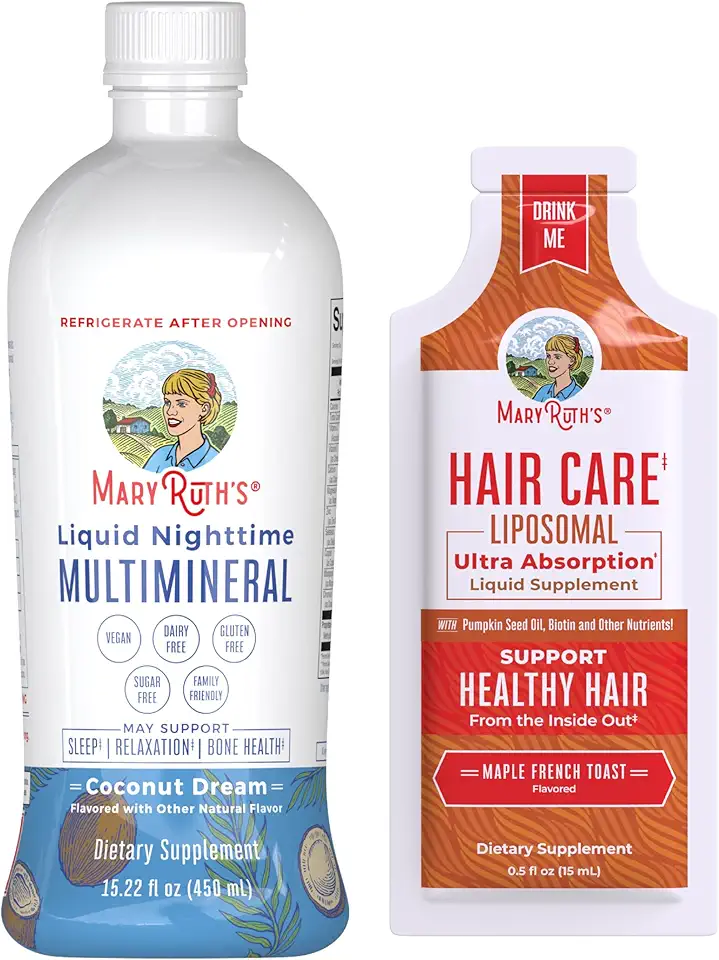 MaryRuth's Liquid Nighttime Multimineral (Coconut, 15oz) & Hair Care Liposomal (Maple French Toast) | Clean Label Project Verified® | Sugar-Free