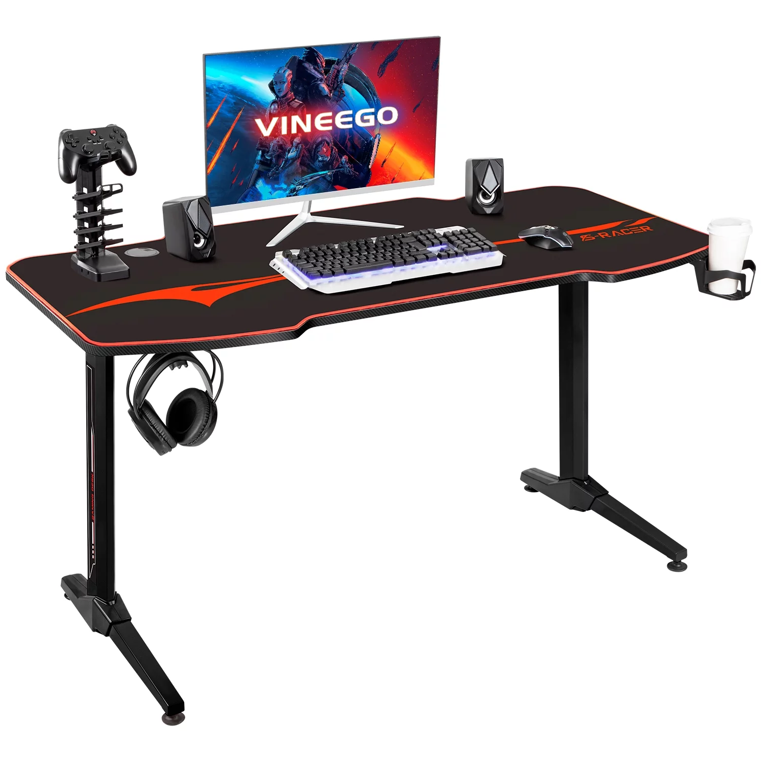 VINEEGO 55 inch Large Surface T-Shaped Legs Gaming Desk with Free Mouse Pad, Gaming Handle Rack, Cup Holder & Headphone Hook