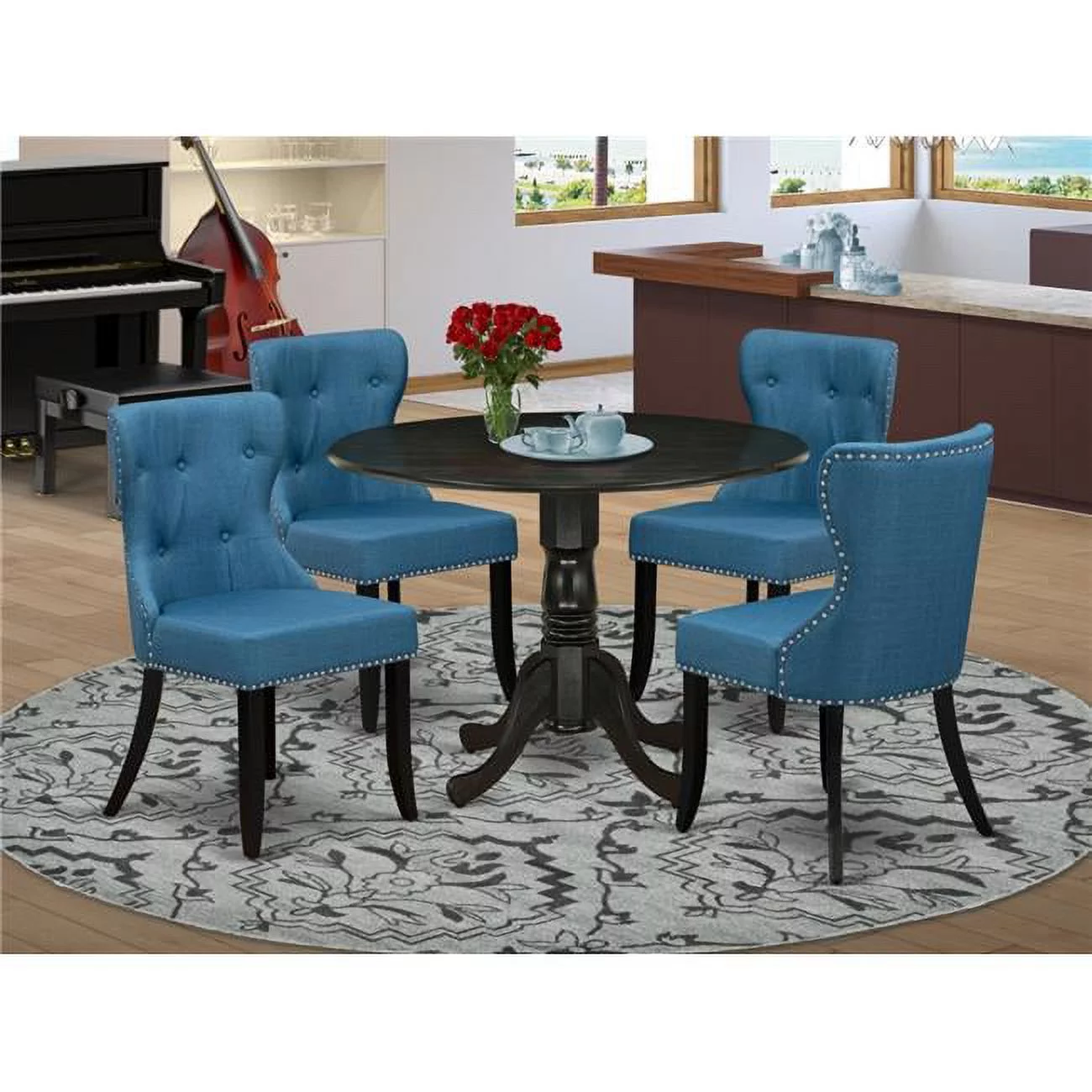 Dublin Dining Room Table Set - Black & Mineral Blue, Set of 4