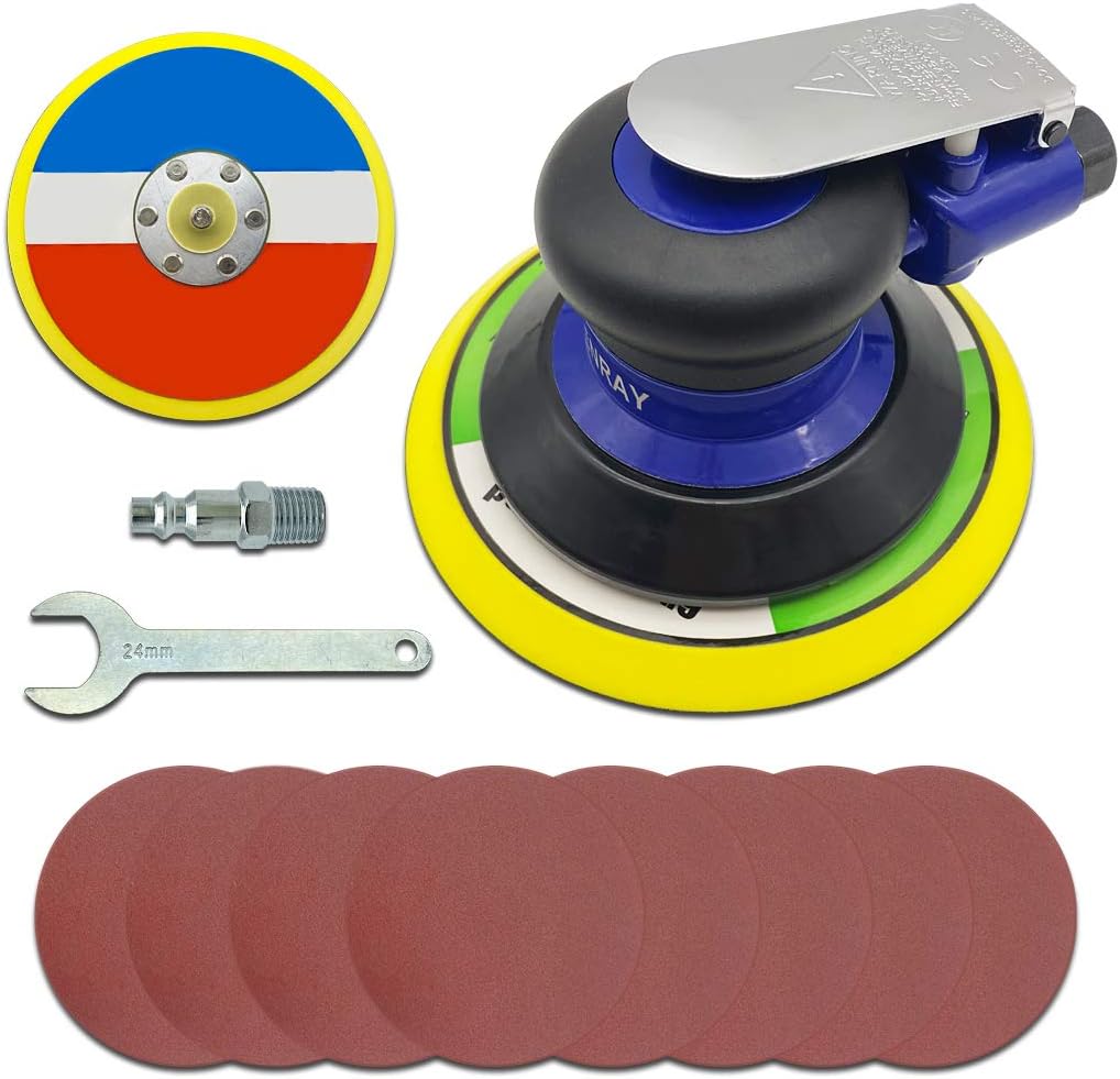 Senray Professional Air Random Orbital Palm Sander, 6-Inch Heavy Duty Dual Action Pneumatic Sander with 1pc Spare Plate, 8Pcs Sandpapers Pack of 2