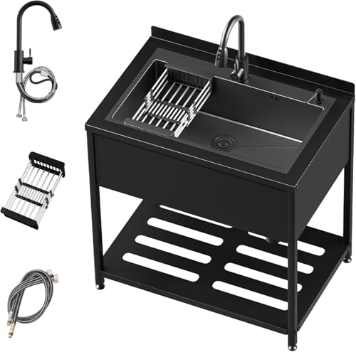 Stainless Steel Utility Sink, 30.8" × 22" × 39.5"Freestanding Sink with Cold and Hot Water Faucet,Hoses and Drain Kit for Kitchens, Bathrooms, Garage