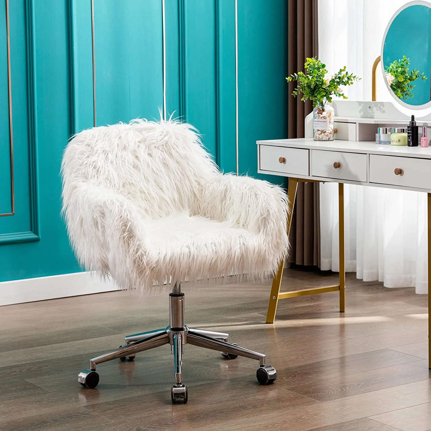 White Vanity Chair Faux Fur Swivel Home Office Desk Chair, Soft Fluffy Chair For Bedroom For Girls, Makeup Vanity Chair With Back