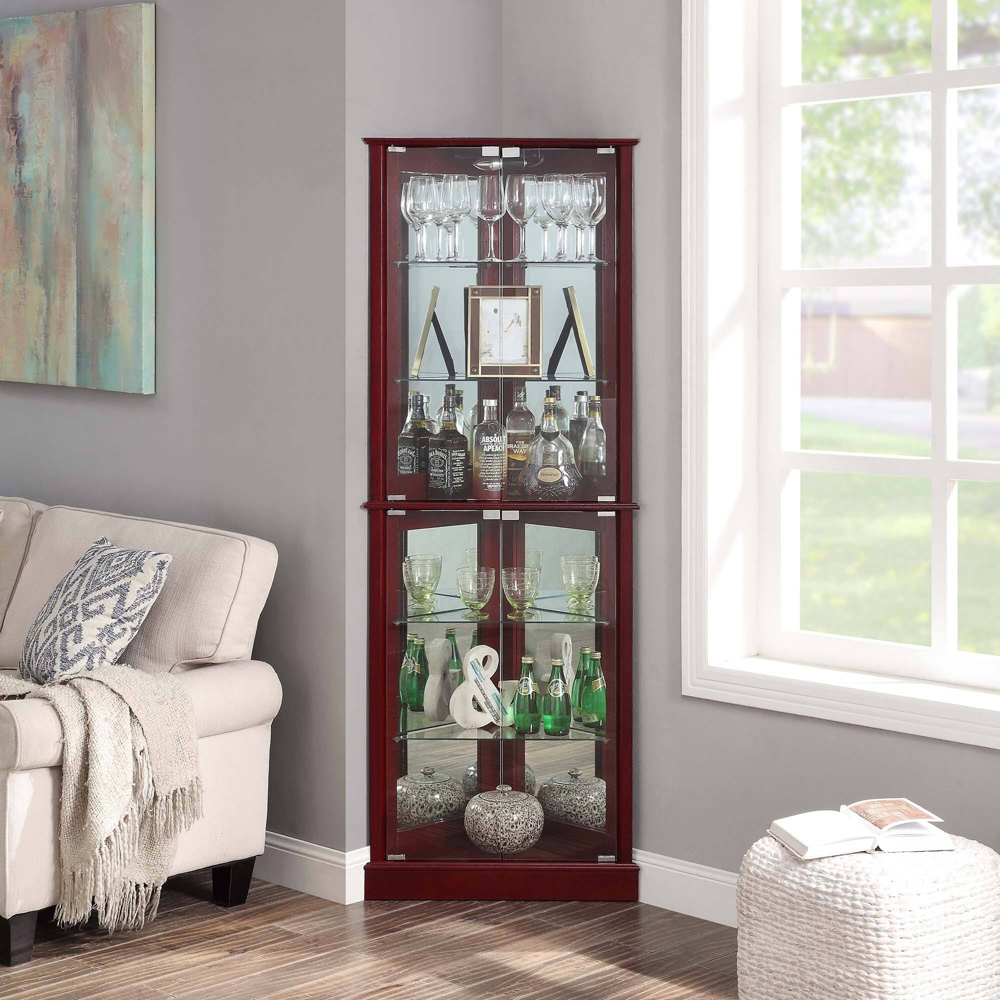 Belleze Woody Lighted Corner Curio Cabinet Tempered Glass Door 6 Shelves, Cherry