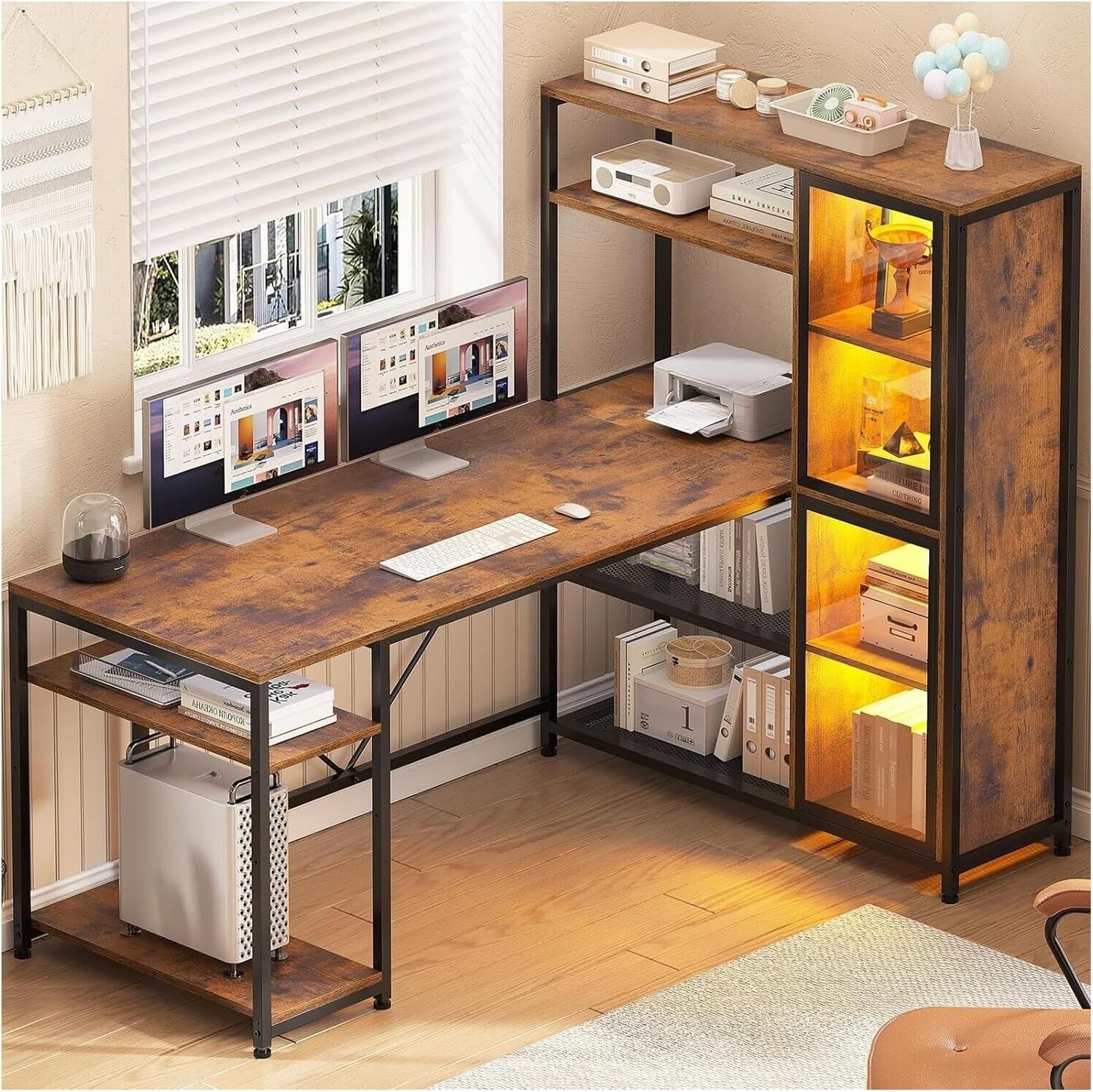 New Modern Rustic Brown L Shaped Desk Gaming Computer LED Light Bookshelf Corner Desk Storage Shelves Wood Display Cabinet Study Home Office 59”L x