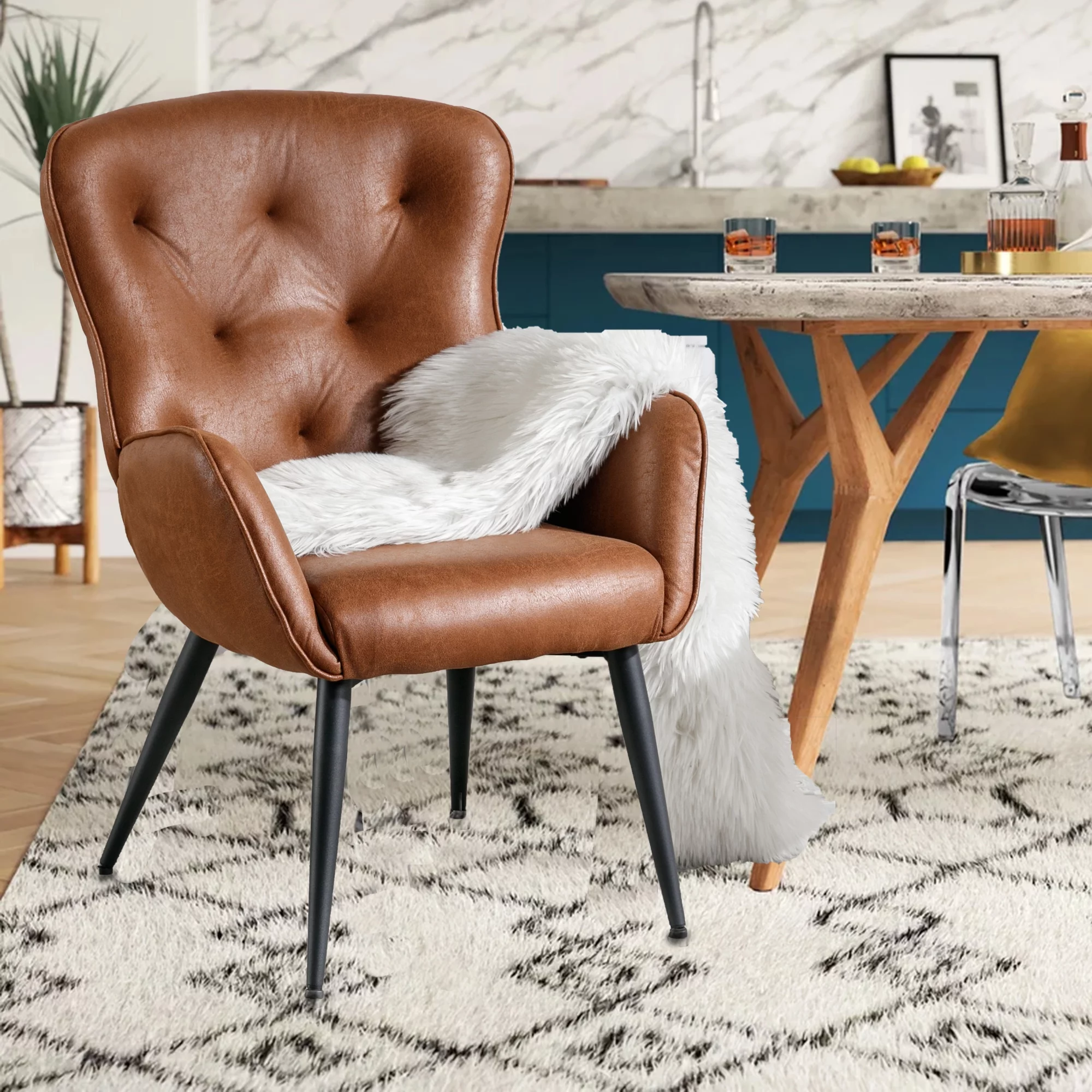 BFZ Faux Leather Accent Chair with High Back Design, Armchair with Metal Legs in Modern Style, Comfy Upholstered Wingback Chair for Living Room