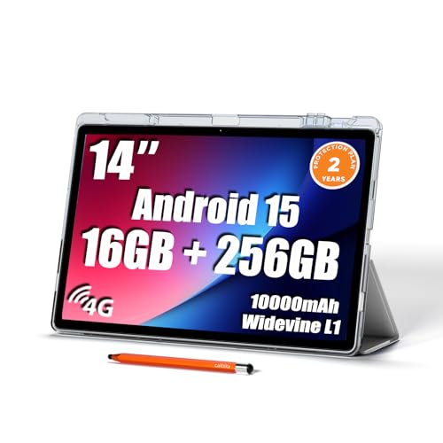 14 inch Large Screen Tablet, Android Tablet 16GB RAM 256GB ROM, 1920 * 1200 IPS FHD Display, Widevine L1, 10000mAh 18W Charging, Wi-Fi & Bluetooth