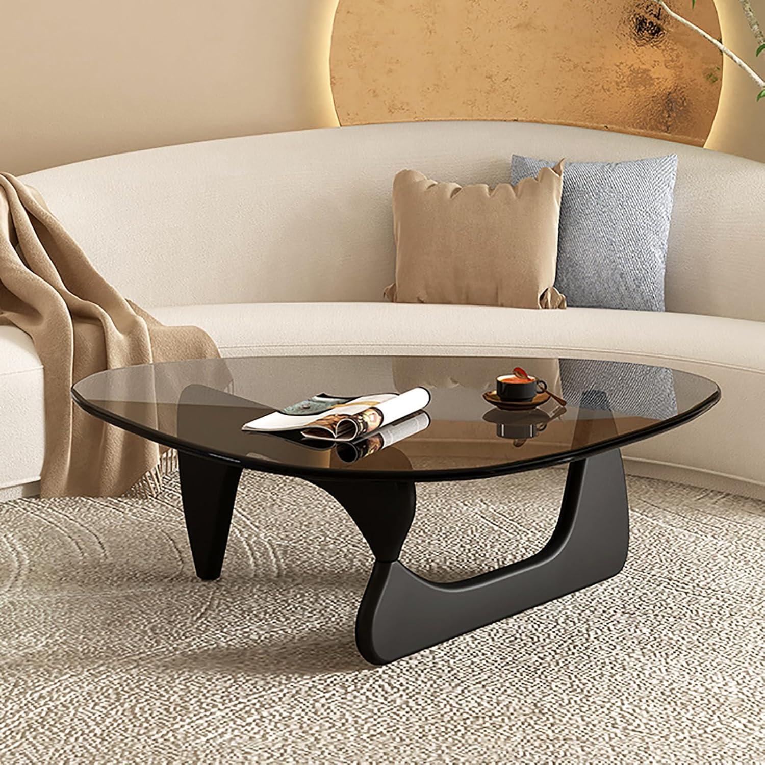 Triangle Coffee Table,Mid Century Modern Glass Coffee Table Solid Wood Base