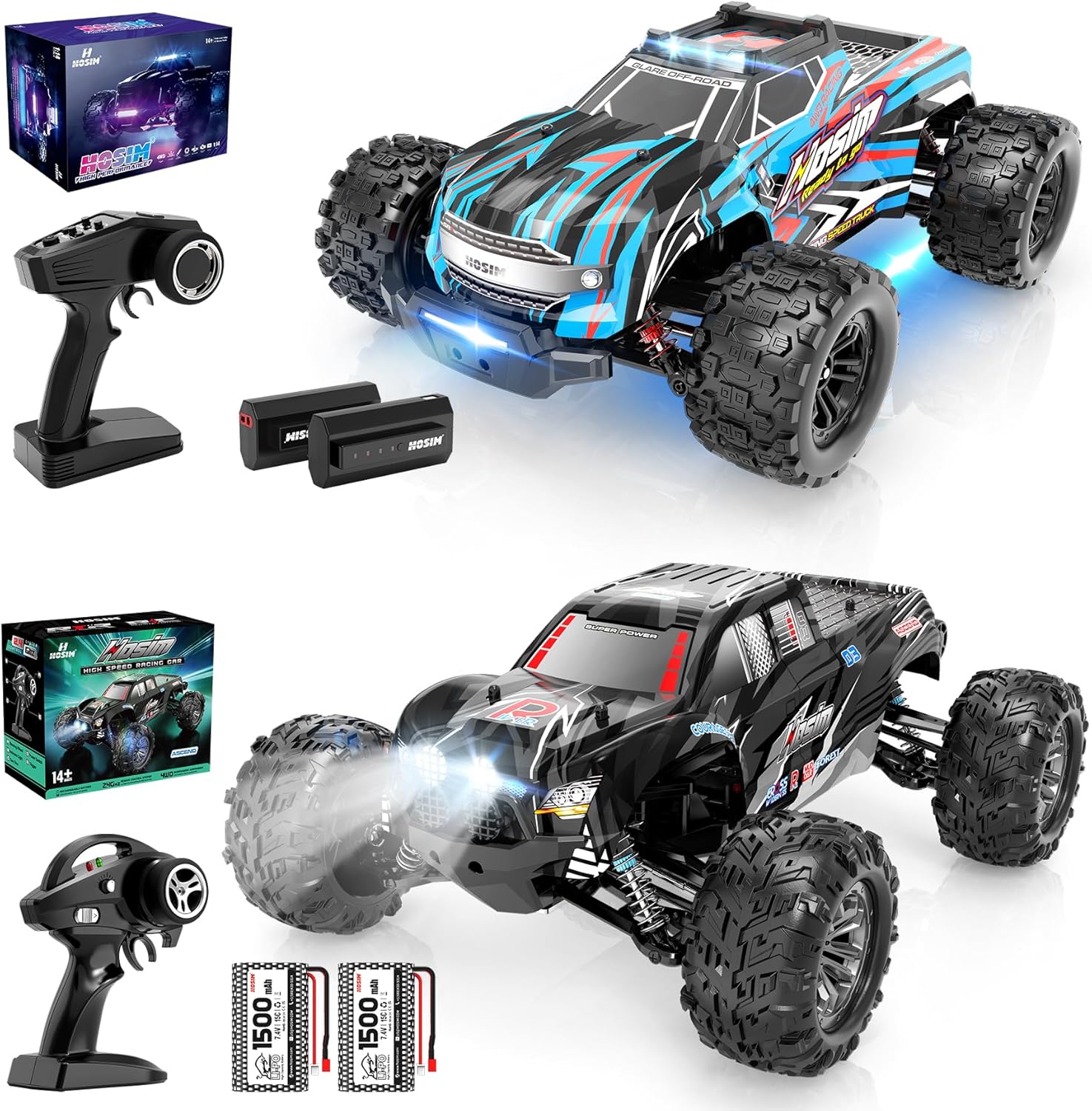 Hosim 1:14 RC Cars with Colorful LED Lights & 1:10 Scale 48+ KMH Remote Control Car for Adults Boys