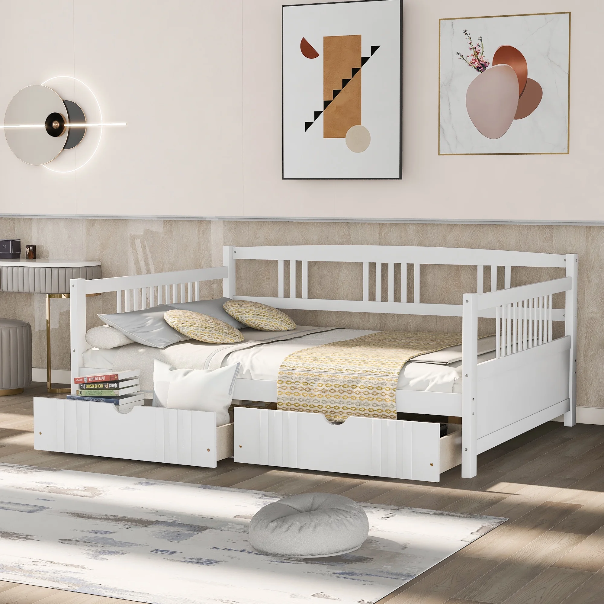 Gewnee Full Size Daybed with Two Storage Drawers,Wooden Sofa Bed for Kid's Bedroom,White