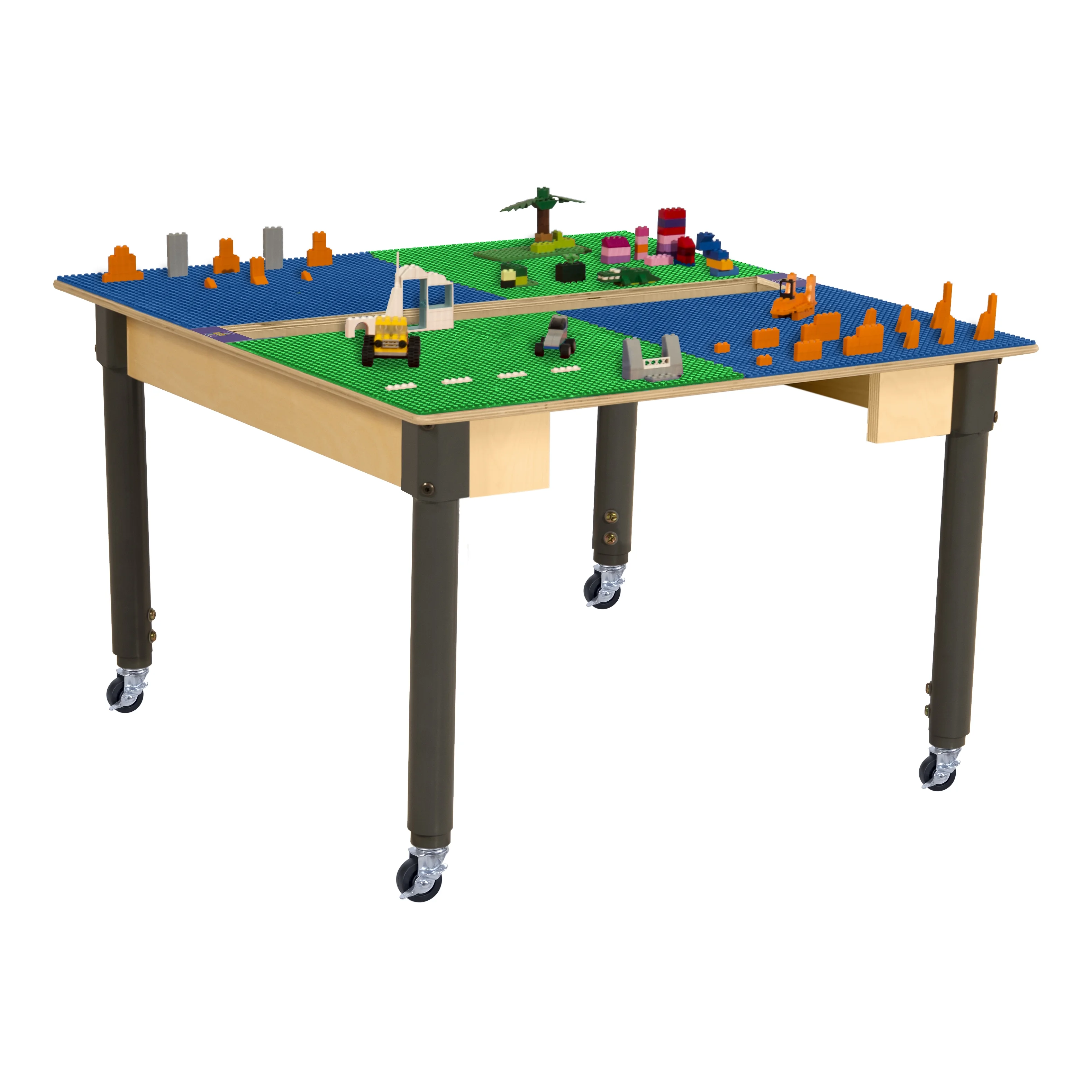 Time-2-Play 35" Square Birch Plywood Blue & Green Montessori Lego Compatible Building Blocks Table with Wheels