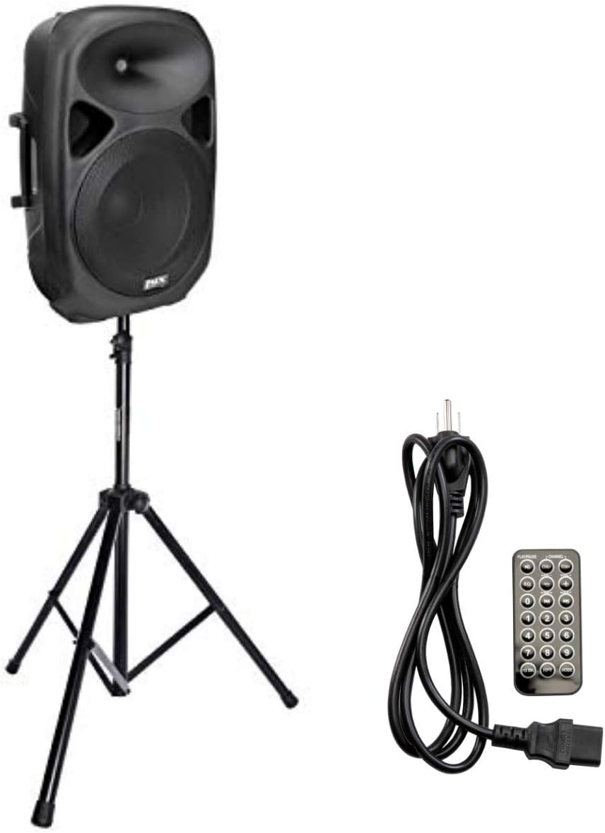 LyxPro SPA15 15 Portable PA Speaker System With Metal Tripod Stand Combo Kit Power Active Power Amplifier Equalizer Bluetooth SD Slot USB MP3 XLR 1/4