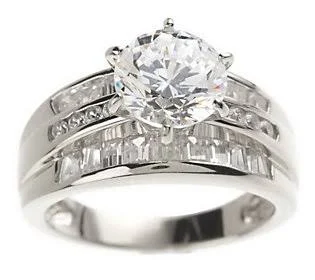 Diamonique Round u0026 Baguette Ring, Sterling or 14K Gold Clad, Size 7, Sterling Silver