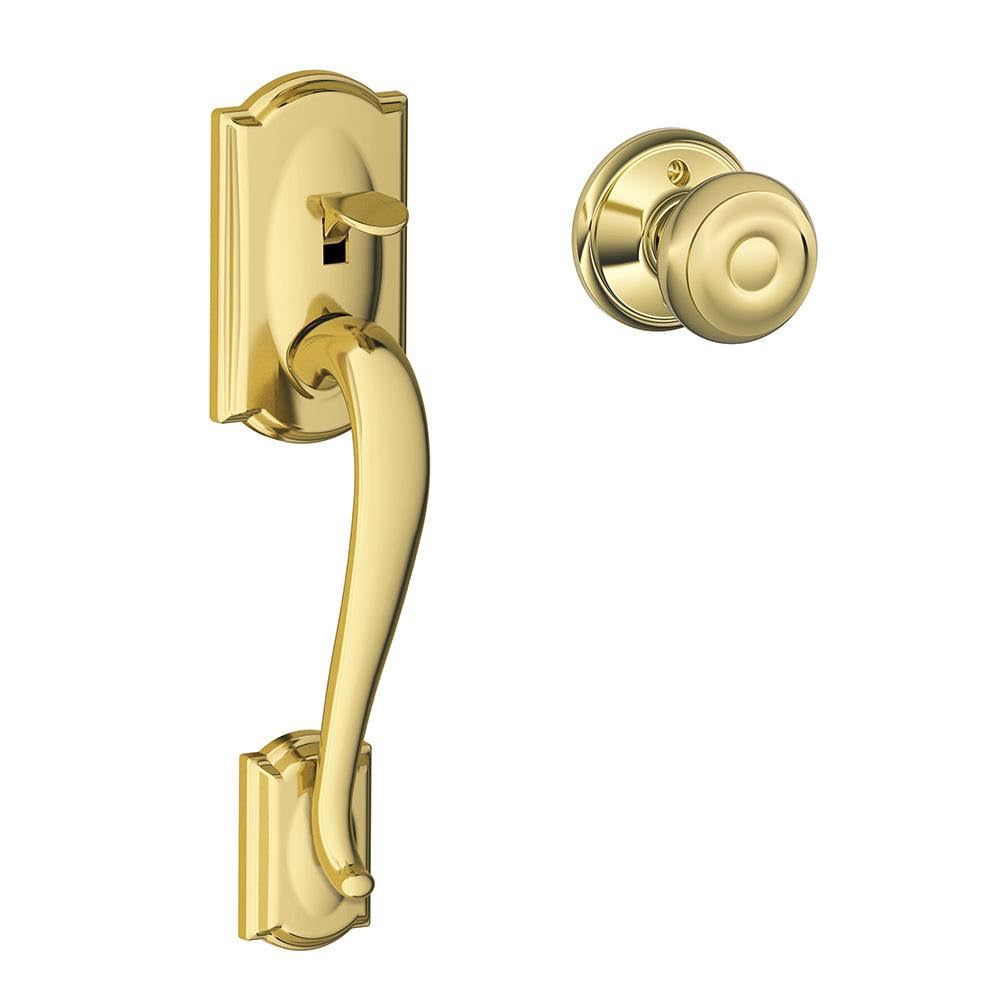 Schlage FE285 Cam Geo 505 Camelot Front Entry Handle Georgian Interior Knob, Lifetime Bright Brass