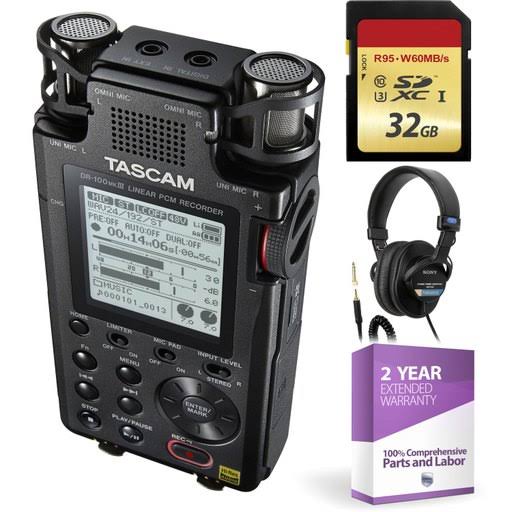 Tascam DR-100mkIII Linear PCM Recorder + 32GB Memory Card + Studio Headphones