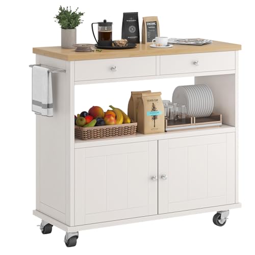 Rolling Kitchen Island with Storage Cabinet, 35.4'' Width Kitchen Cart, 2 Drawers Island Table, Portable Mobile Kitchen Island with Towel Rack