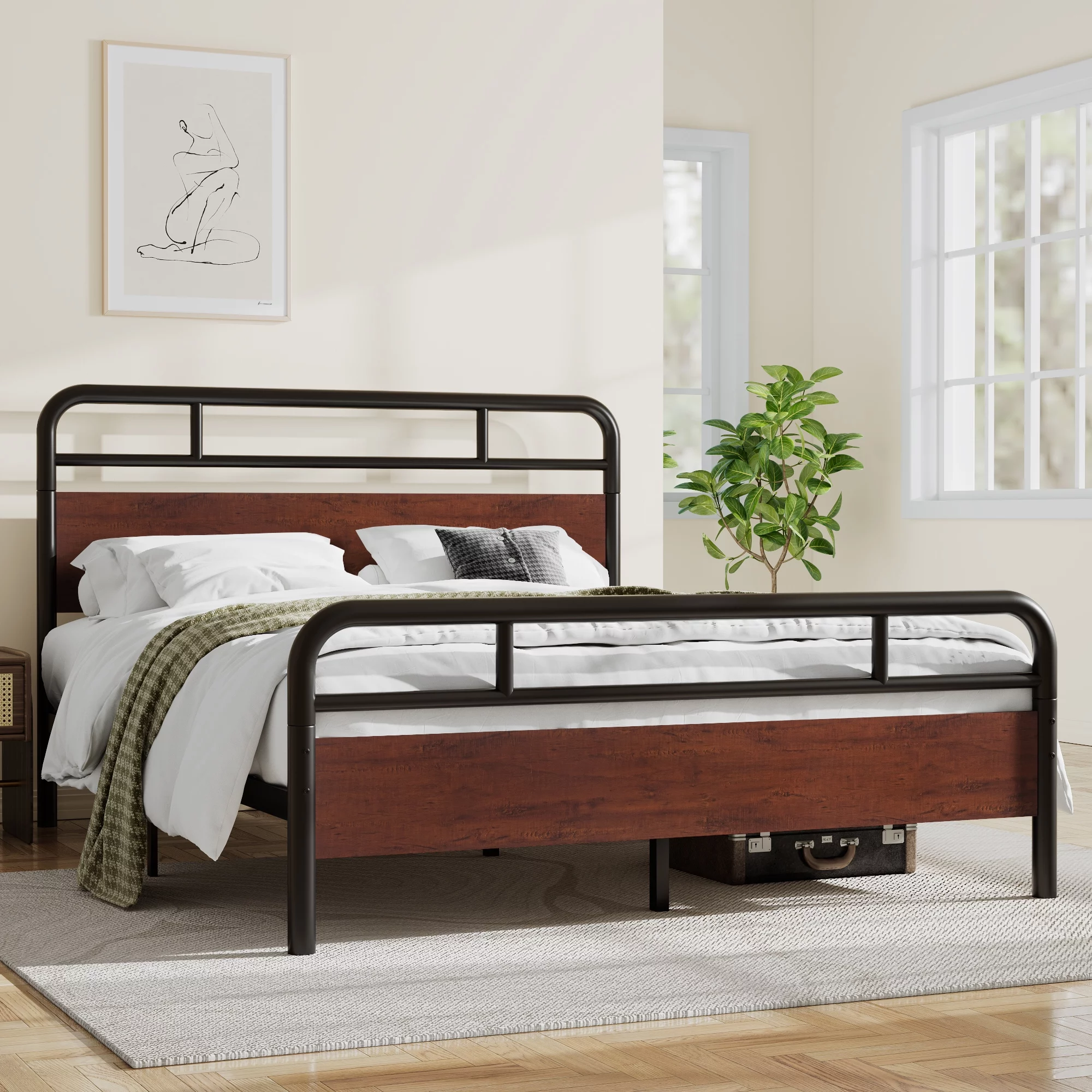 Sha Cerlin Dark Brown Queen Size Metal Platform Bed Frame with Industrial Heavy Duty Wooden Headboard