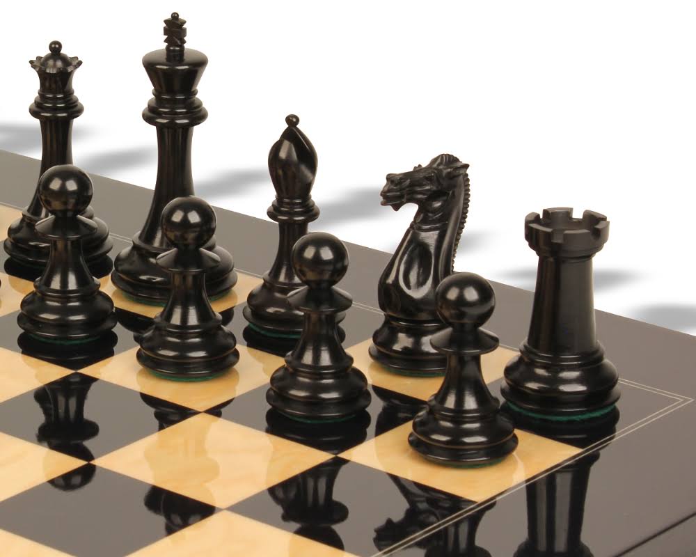 New Exclusive Staunton Chess Set Ebonized u0026 Boxwood Pieces with Black u0026 Ash Burl Chess Board - 3x22 King