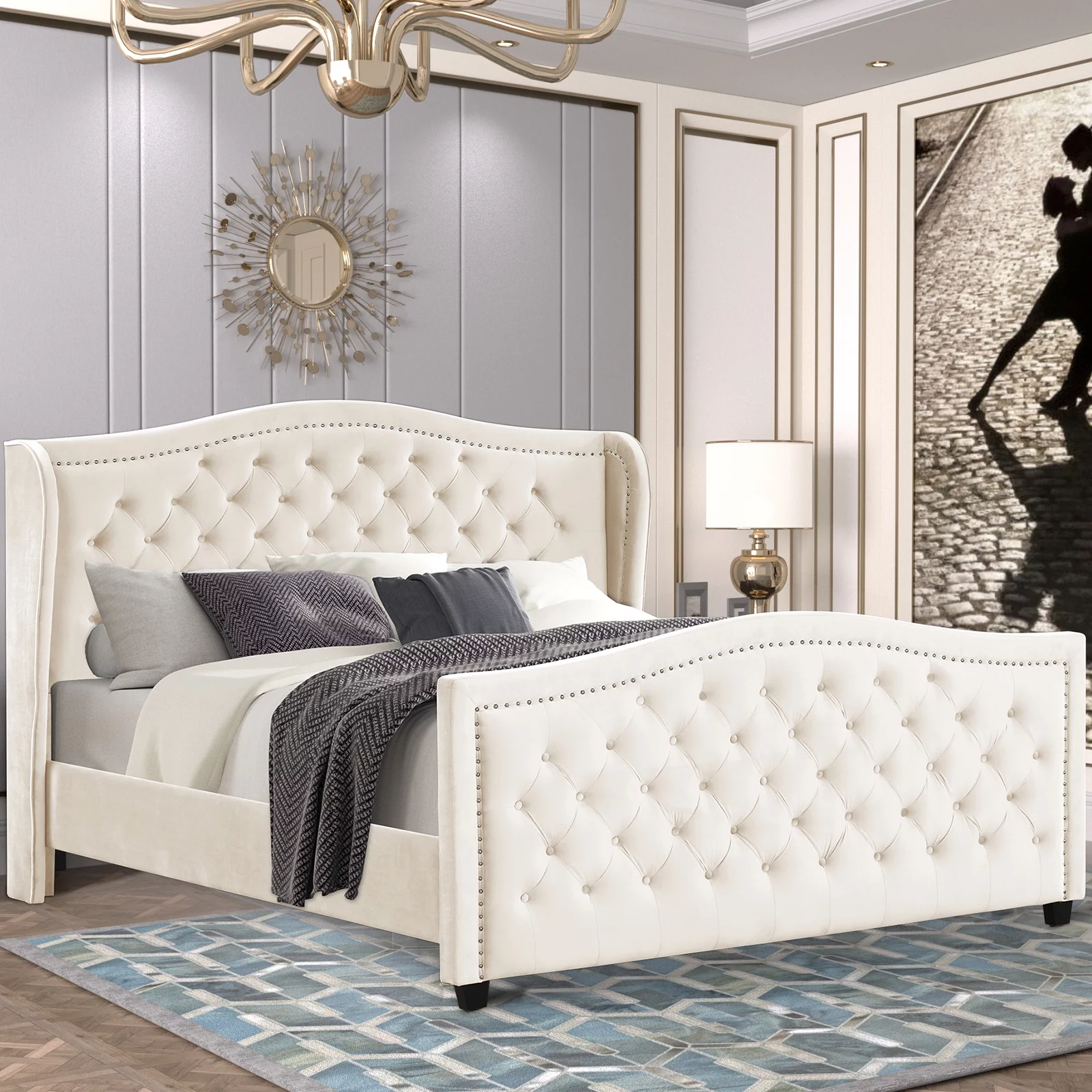 Nathaniel Home Jennifer King Beds, Velvet Upholstered Tufted Bed, Platform Bed Frame with Diamond, Low Profile Platform Beds Strong Wooden Slats White