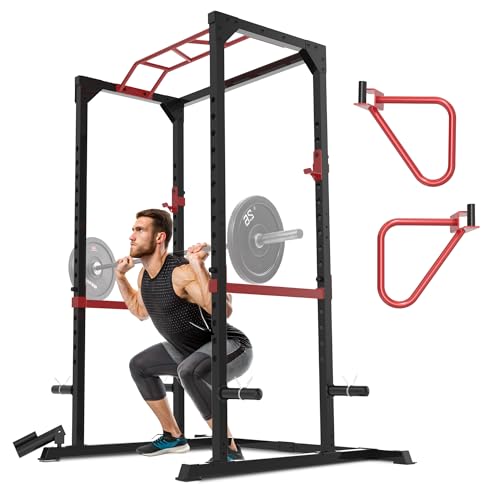 Fitness Reality Power Cage Squat Rack with Optional LAT Pulldown, Cable Crossover, 800 lb Capacity, Multi-Grip Pull-Up Bar, Adjustable Safety Bars