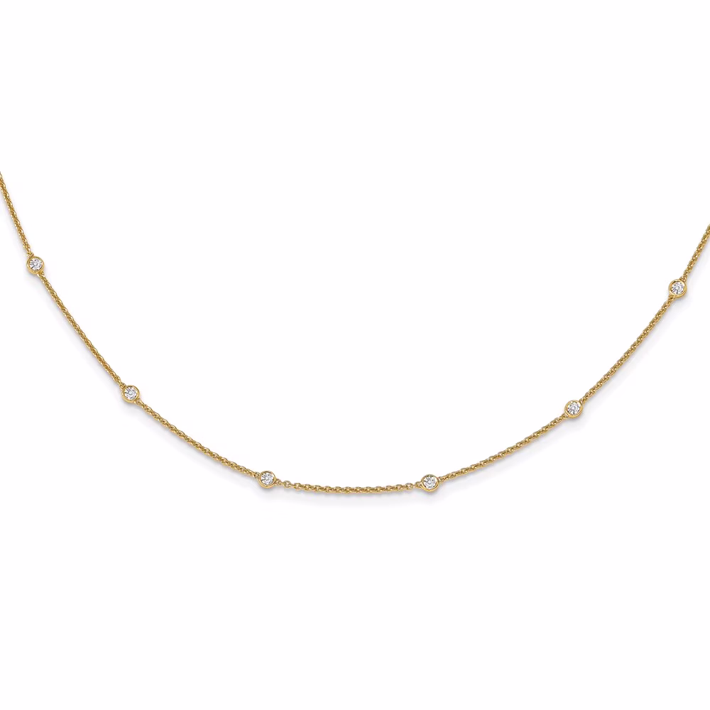 Real 14kt Yellow Gold Diamond Station Cable Necklace; 16 inch; Lobster Clasp; for Adults and Teens; for Women and Men