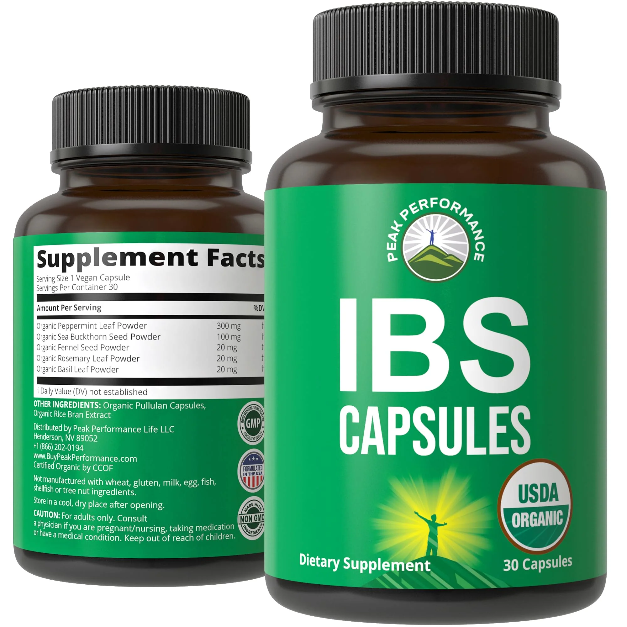 USDA Organic IBS Capsules for Relief, Ingestion, Bloating, Gas. Irritable Bowel Supplement with 5 Handpicked Organic Ingredients. Peppermint Oil