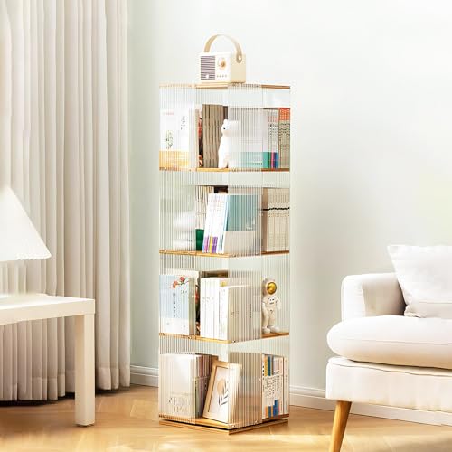 360° Rotating Bookshelf Tower, Acrylic Book Display Case, Revolving Bookcase for Kids & Adults, Space-Saving Swivel Storage Rack for Bedrooms