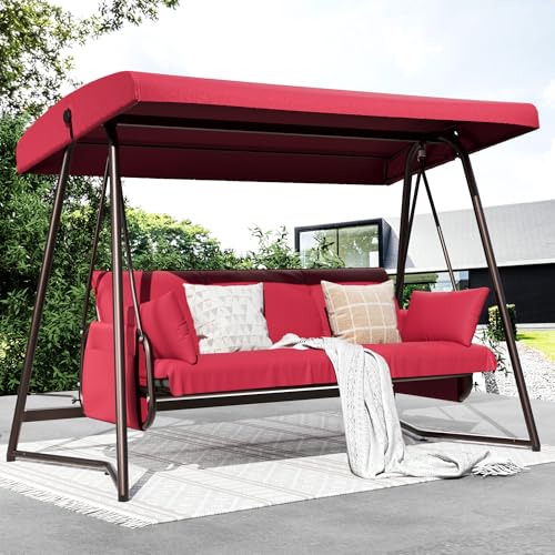 3-4 Person Oversized Outdoor Porch Swing with Adjustable Backrest Canopy,2-in-1 Swing Bed 800 lbs Capacity