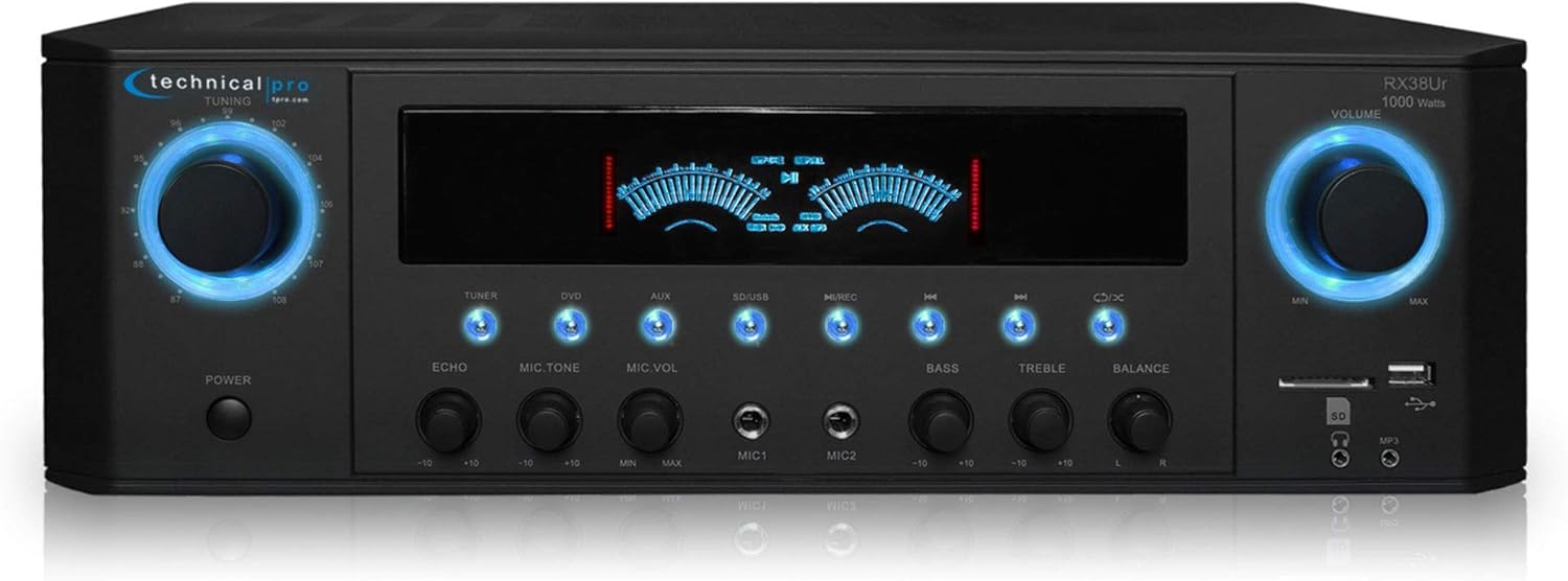 Professional Home Stereo Receiver with USB and SD Card Inputs, MP3 (AUX), 1000 Watts, 2 Mic Inputs, Recorder, Wireless Remote, FM Digital Tuner