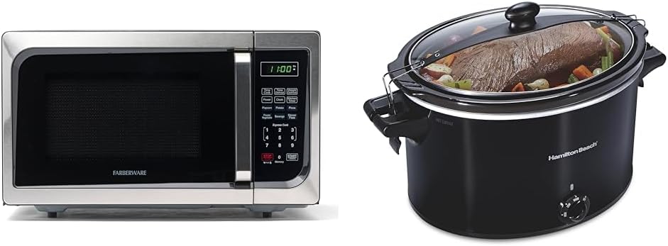 Farberware Countertop Microwave 900 Watts, 0.9 cu ft - Microwave Oven With LED Lighting & Hamilton Beach Slow Cooker, Extra Large 10 Quart