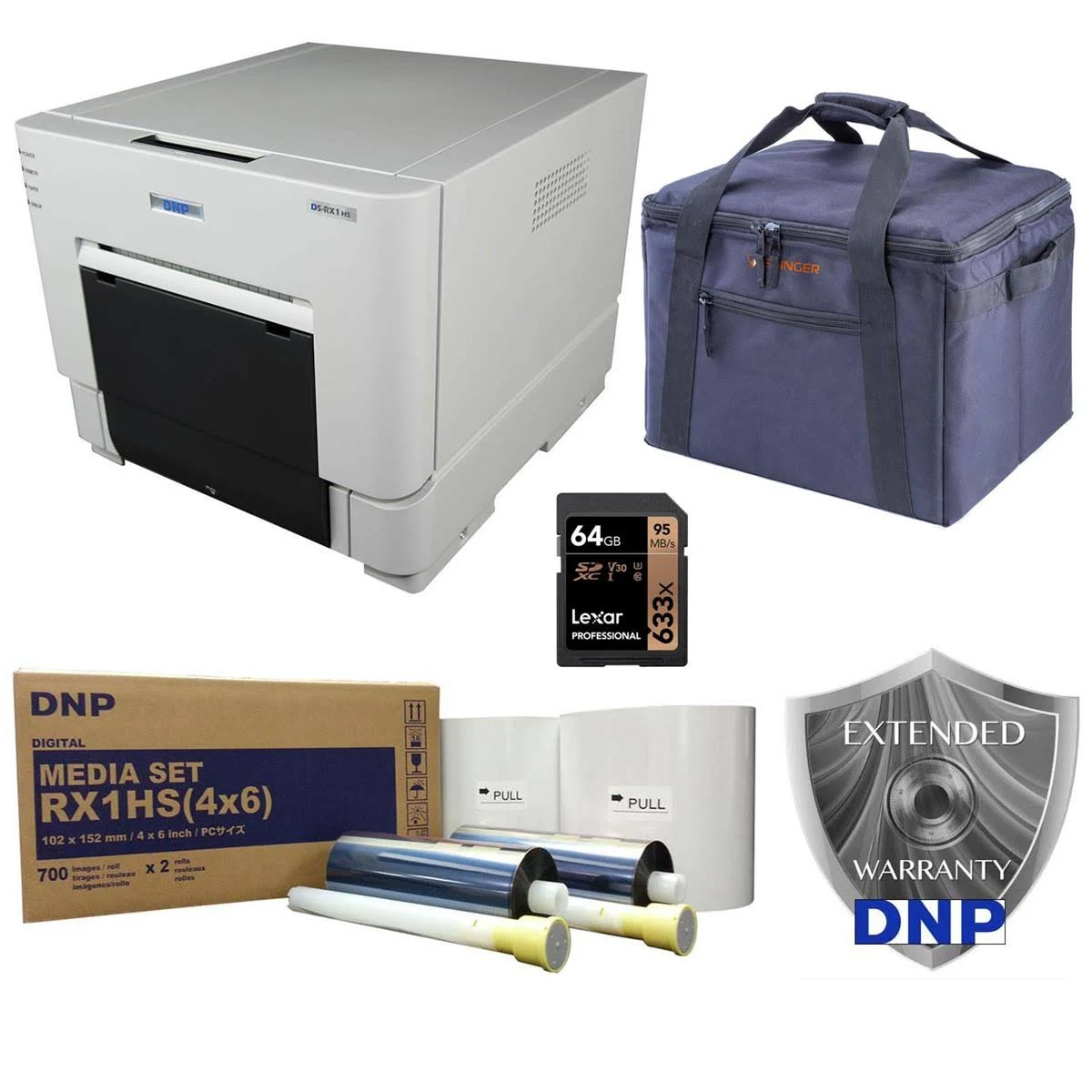 DNP DS-RX1HS 6x22 Dye Sublimation Printer - Bundle with DNP Print Media 4x6x22 700 Prints, 64GB SDXC Memory Card, Padded Printer