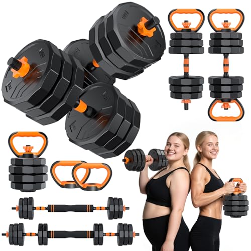5-in-1 Adjustable Dumbbell Set, 33/44/66/88lbs Free Weights Set with Connector, Used as Kettlebells, Barbell, Push up Stand, Standard 1" Plates