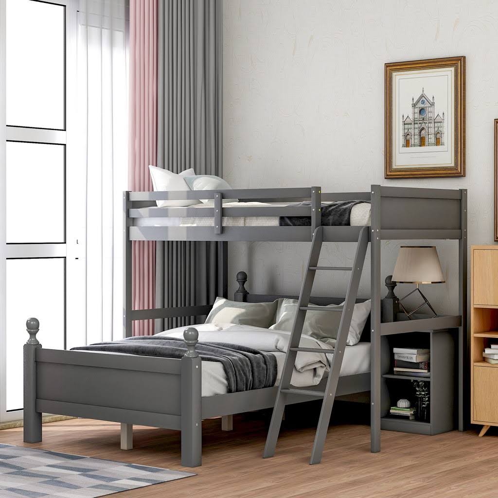 Euroco Wood Twin Over Full Bunk Bed with Storage Cabinet, Gray