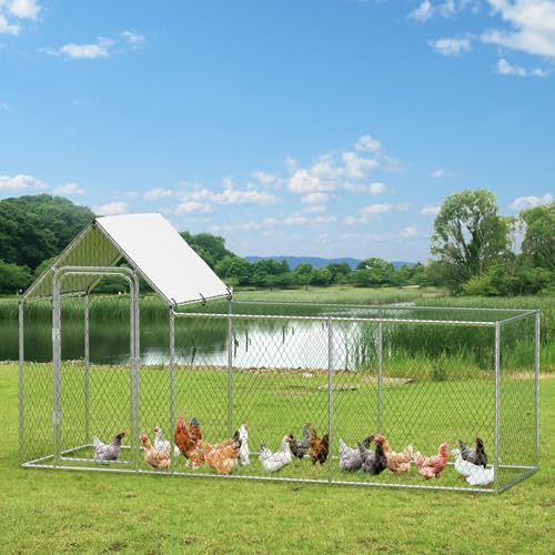 Chicken Coop, Large Metal Chicken Run, Outdoor Chicken Pen with Waterproof and Anti-UV Cover, Walk-in Chicken House with Lockable Door, for Yard