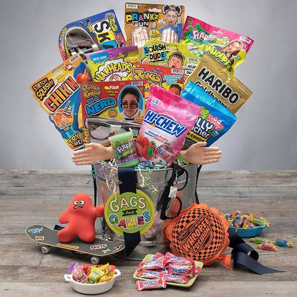 Gags and Games Candy and Toy Gift Bucket by Gourmet Gift Baskets - Easter Gift Baskets - Gift Baskets Delivered - Gift Baskets