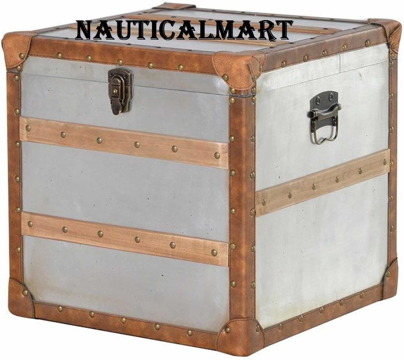 NauticalMart Modern Medium Square Metal Lockable Storage Trunk Chest Wooden Lats