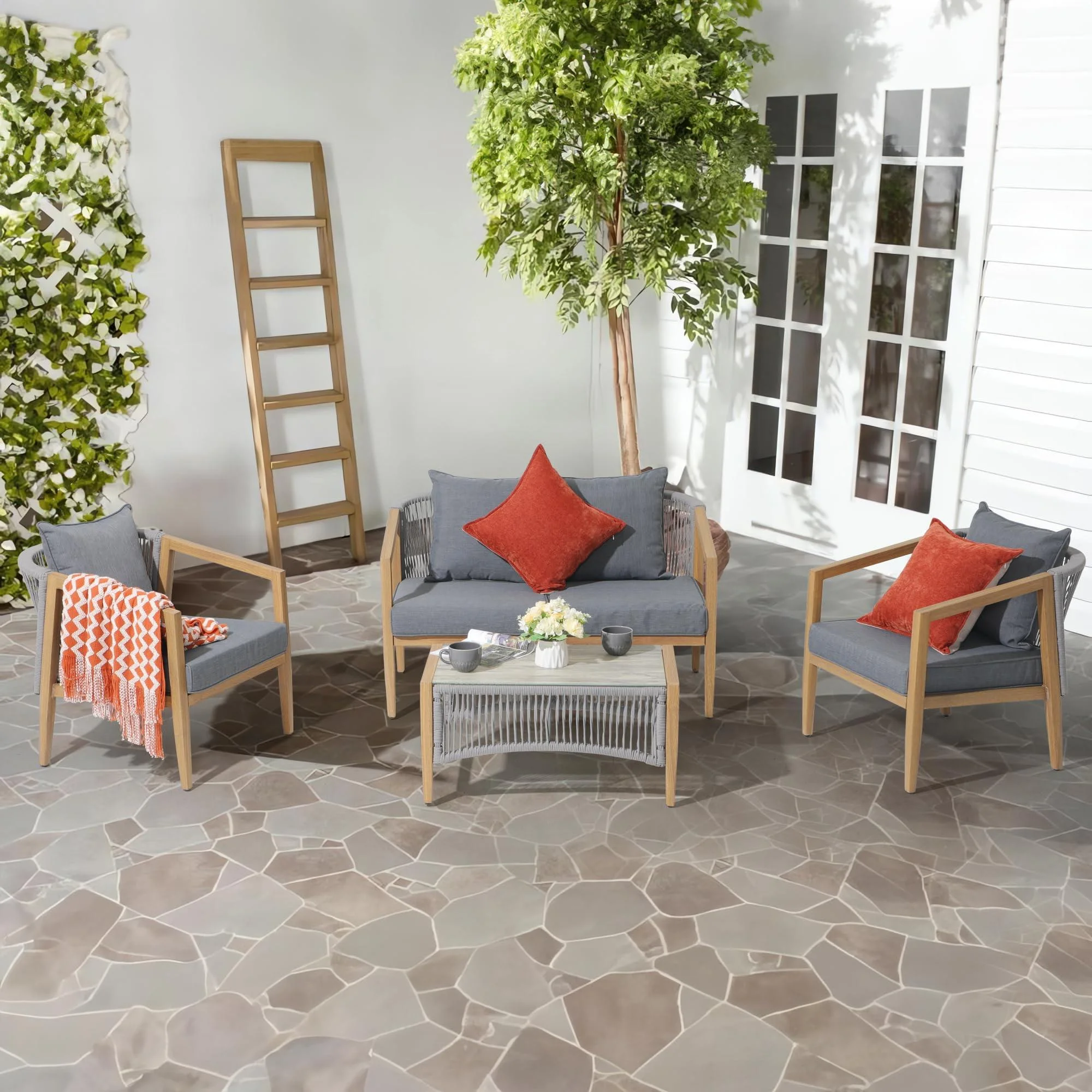 OC Orange-Casual Outdoor 4-Piece Acacia Wood Furniture Set, All-Weather Patio Sectional Sofa Set, Rope Lounge Couch & 2 Single Chair, with Wood Table