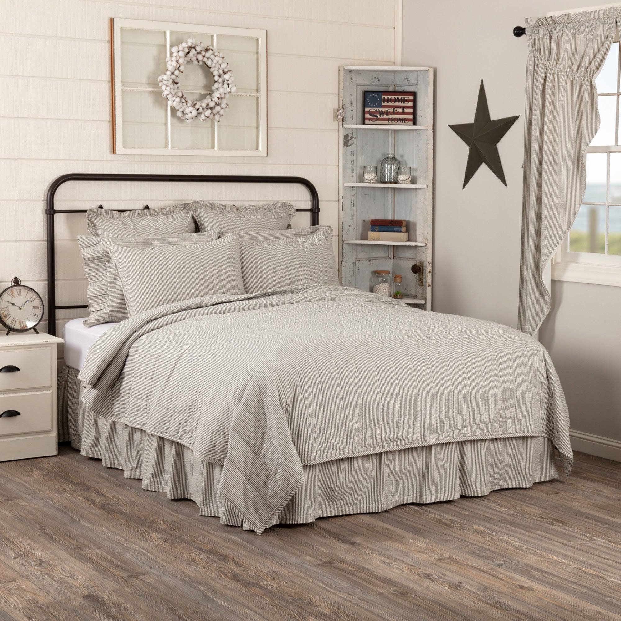 Hatteras Seersucker Blue Ticking Stripe Queen Quilt Coverlet
